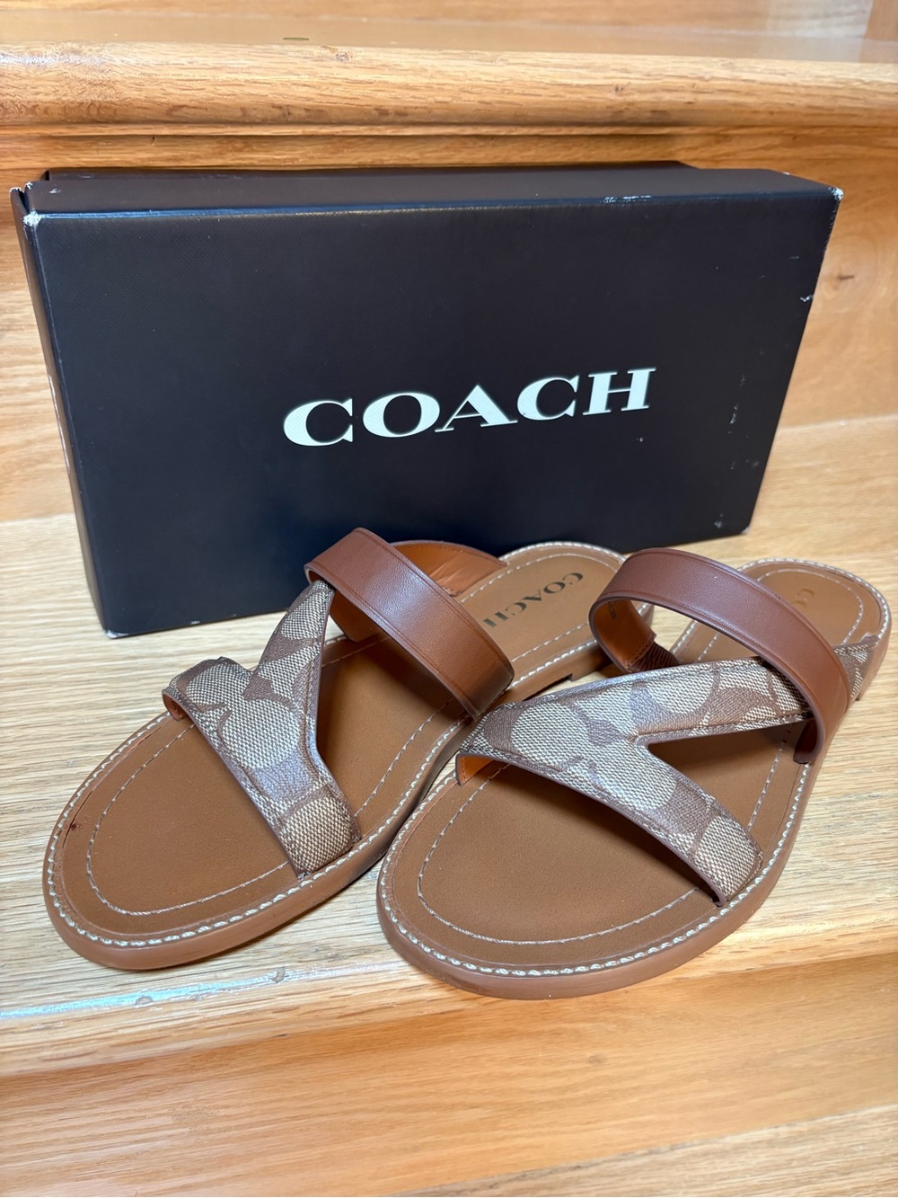 Coach Brown Tan Cross-Strap Sandals